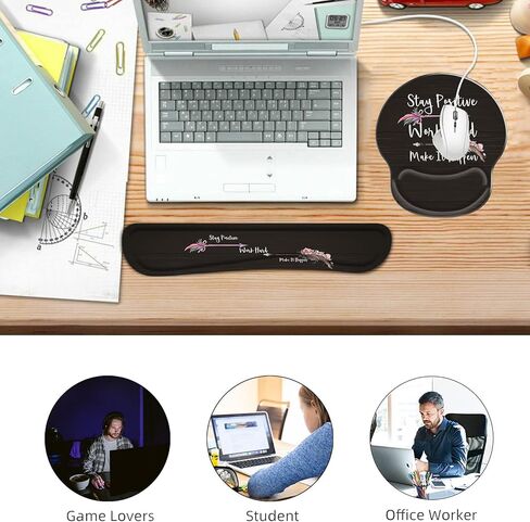 Keyboard Wrist Rest and Ergonomic Mouse Pad with Wrist Support Set,Non-Slip PU Base,Matching Cute Coaster and Multifunction Removable Elephant Pen Holder,Stay Positive Work Hard and Make It Happen in Saudi Arabia