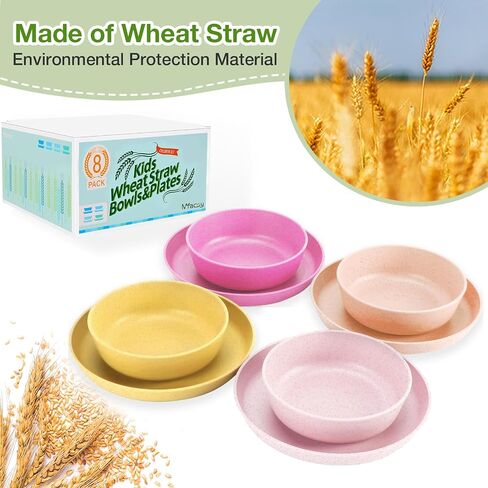 مجموعة أطباق وأطباق للأطفال من Mfacoy Wheat Straw، مجموعة أواني طعام للأطفال غير قابلة للكسر - 4 قطع أطباق عشاء مقاس 7.75 بوصة و4 قطع أوعية حبوب سعة 18 أونصة، خالية من مادة BPA، آمنة للاستخدام في الميكروويف وغسالة الأطباق، أطباق للأطفال قابلة لإعادة الاست in Kuwait