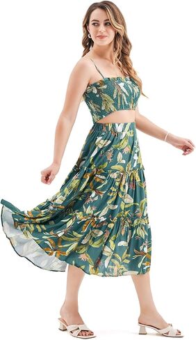 2 Pieces Women Casual Suits Floral Dress, Crop Tube Tank Top Printed Midi Skirt Set, Boho Ruffle Beach Summer Dress in Saudi Arabia