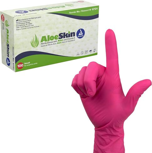 Dynarex AloeSkin Nitrile Exam Gloves with Aloe, Powder-Free, Disposable Gloves with Aloe Vera for Dry Hands, Magenta, Small, 1 Box of 100 AloeSkin Nitrile Exam Gloves with Aloe, Powder-Free in Saudi Arabia