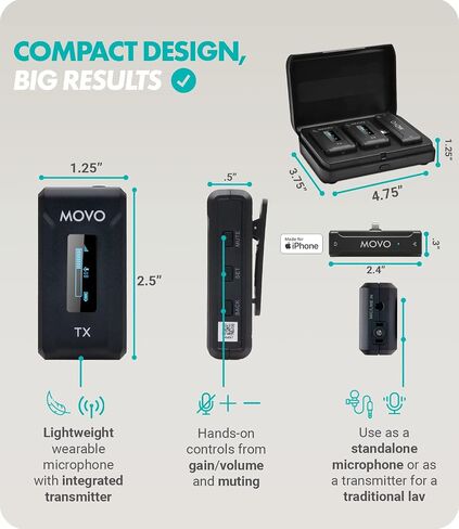 Movo WMX-2-L Wireless Microphone for iPhone with Charging Case - Lightning Microphone, Omnidirectional Mic, 328ft Range, 7hr Battery Life in Saudi Arabia