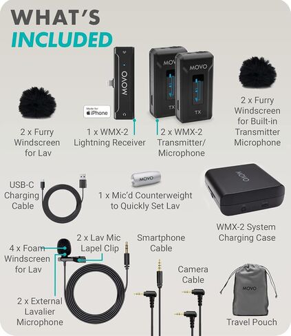 Movo WMX-2-L Wireless Microphone for iPhone with Charging Case - Lightning Microphone, Omnidirectional Mic, 328ft Range, 7hr Battery Life in Saudi Arabia