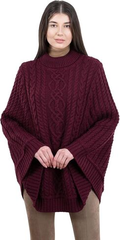 SAOL 100% Merino Wool Cable Knit Ladies Irish Aran Poncho Cardigan in Saudi Arabia