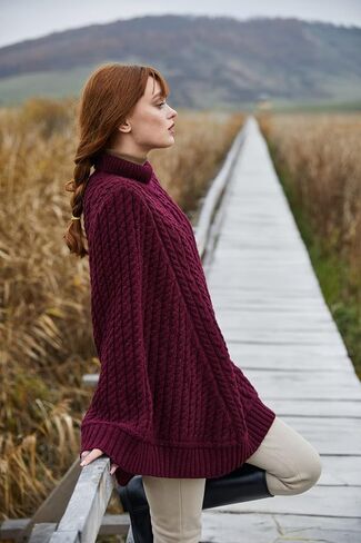 SAOL 100% Merino Wool Cable Knit Ladies Irish Aran Poncho Cardigan in Saudi Arabia