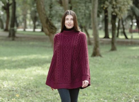 SAOL 100% Merino Wool Cable Knit Ladies Irish Aran Poncho Cardigan in Saudi Arabia