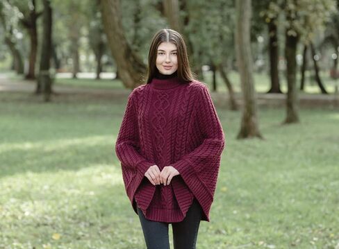 SAOL 100% Merino Wool Cable Knit Ladies Irish Aran Poncho Cardigan in Saudi Arabia