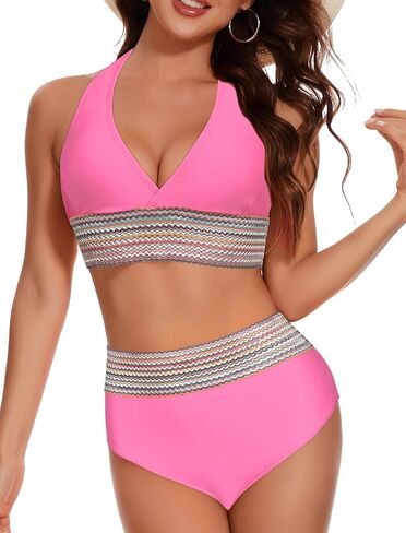 Women's Bikini Sets Colorblock High Waisted, Scoop Neck Spaghetti Straps Bathing Suits Push Up Swimsuits 2 Piece in Saudi Arabia