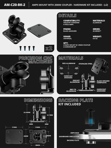 Tackform AMPS Short Reach Adapter - 20mm Aluminum Ball Socket | 4-Hole Drill Base | Mount to Dash, AMPS, Grid Brackets | with Hardware | NOT for 1" B Size Systems in Saudi Arabia