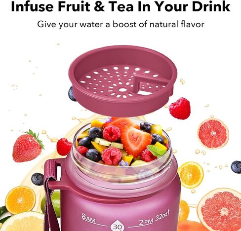 GOSWAG 32oz Motivational Water Bottles with Time Marker and Fruit Strainer, Sports Water Bottle with Times to Drink, Leakproof, Reusable Plastic Bottle with Strap no Straw for Gym, School in Saudi Arabia