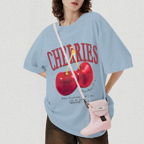 Oversized Graphic Tees Vintage Cherry Fruit Shirt for Men Aesthetic Printed Unisex T Shirts Short Sleeve Casual Tops in Kuwait