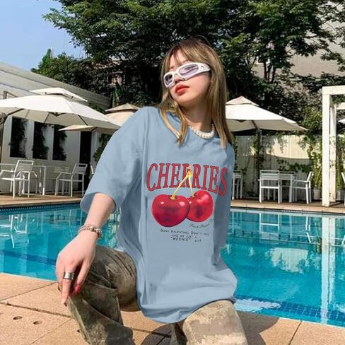 Oversized Graphic Tees Vintage Cherry Fruit Shirt for Men Aesthetic Printed Unisex T Shirts Short Sleeve Casual Tops in Kuwait
