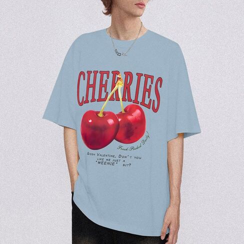 Oversized Graphic Tees Vintage Cherry Fruit Shirt for Men Aesthetic Printed Unisex T Shirts Short Sleeve Casual Tops in Kuwait
