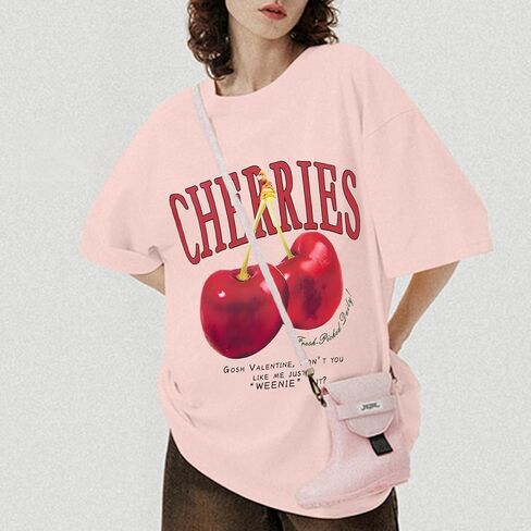 Oversized Graphic Tees Vintage Cherry Fruit Shirt for Men Aesthetic Printed Unisex T Shirts Short Sleeve Casual Tops in Kuwait