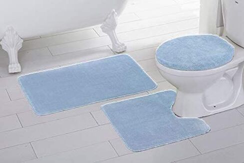 Better Home Style 3 Piece Bathroom Rug Set Bath Rug, Contour Mat, & Lid Cover Non-Slip with Rubber Backing Solid Color (Aqua/Marine Blue) in Kuwait