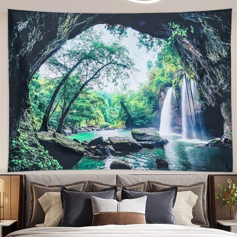 Moslovstar Waterfall Tapestry Nature Landscape Green Forest Trees Scenic Wall Hanging Tapestry Bedroom Office Decoration, 51.2"x59.1" in Kuwait