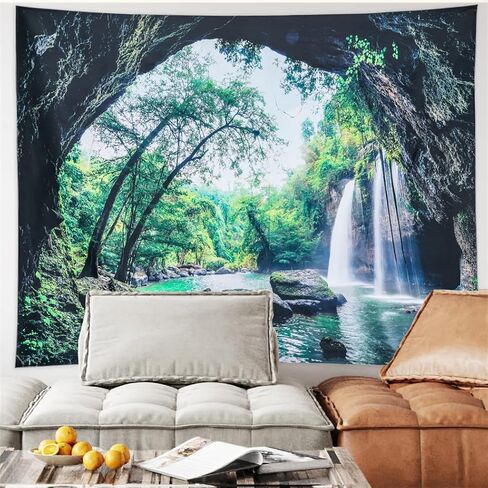 Moslovstar Waterfall Tapestry Nature Landscape Green Forest Trees Scenic Wall Hanging Tapestry Bedroom Office Decoration, 51.2"x59.1" in Kuwait