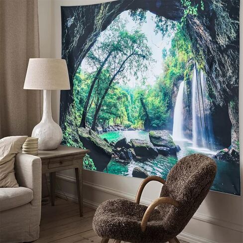 Moslovstar Waterfall Tapestry Nature Landscape Green Forest Trees Scenic Wall Hanging Tapestry Bedroom Office Decoration, 51.2"x59.1" in Kuwait