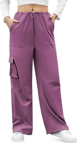 Womens Parachute Pants Baggy Fit Cargo Pants Casual Work Trousers with 3 Pockets in Saudi Arabia
