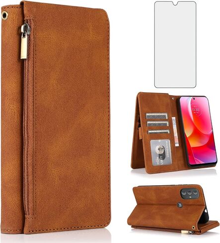 Compatible with Motorola Moto G Play 2023/MotoG Power 2022/G Pure 2021 Wallet Case Tempered Glass Screen Protector Zipper Leather Flip Cover Card Holder for XT2165DL XT2163DL XT2165-5 XT2271-5 Black in Kuwait