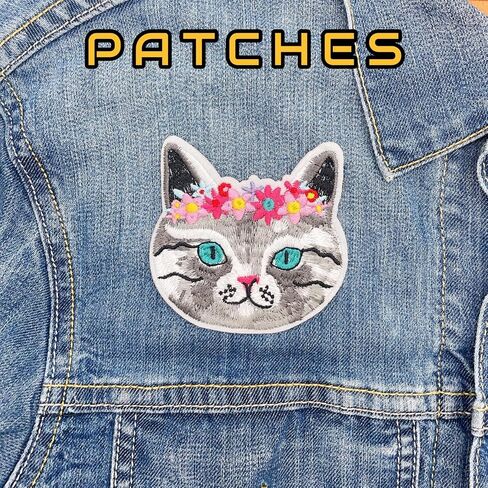 Cat Iron On Patches, White Cute Cats Embroidered Jean Patches, Green Sew On Patches, Funny Applique DIY Iron On Patches for Clothes, Vest, Jackets, Jeans, Backpacks, Clothing & Hats. in Saudi Arabia