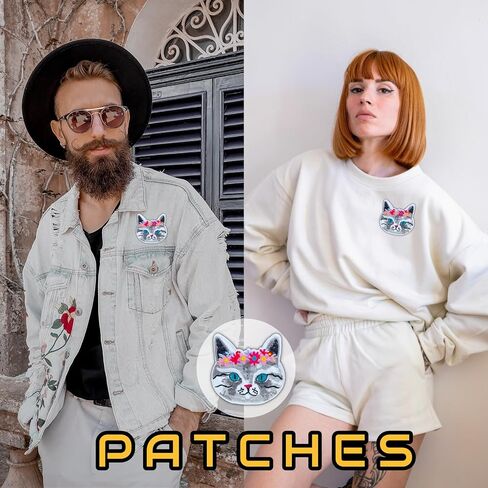 Cat Iron On Patches, White Cute Cats Embroidered Jean Patches, Green Sew On Patches, Funny Applique DIY Iron On Patches for Clothes, Vest, Jackets, Jeans, Backpacks, Clothing & Hats. in Saudi Arabia