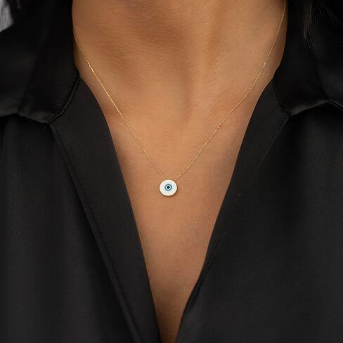 قلادة عين الشر من الذهب الصلب عيار 14 قيراط للنساء | قلادة عين الشر من الذهب الحقيقي الأبيض عيار 14 قيراط | قلادة همسة من الذهب عيار 14 قيراط | القلائد المستديرة اللذيذة | مجوهرات عين الشر من الذهب عيار 14 قيراط | هدية عيد ميلاد، 18 بوصة in Kuwait