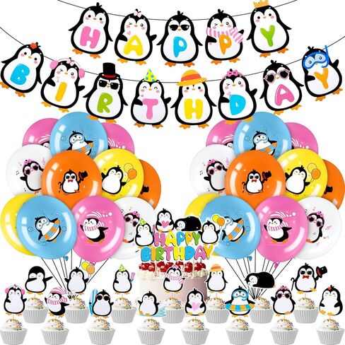 Chivao 39 Pieces Penguin Birthday Party Decoration Birthday Decorations Including Cake Toppers Latex Balloons Decorations Cute Happy Birthday Banner for Birthday Party Baby Shower Decorations in Saudi Arabia