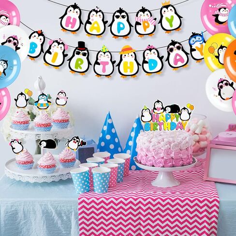 Chivao 39 Pieces Penguin Birthday Party Decoration Birthday Decorations Including Cake Toppers Latex Balloons Decorations Cute Happy Birthday Banner for Birthday Party Baby Shower Decorations in Saudi Arabia