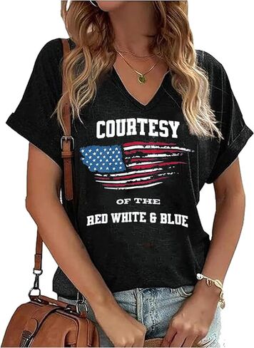 Courtesy of The Red White and Blue Shirt Women Patriotic Country Music Shirts Vintage American Flag Graphic Tee Tops in Saudi Arabia