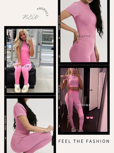 Women Casual Workout Sets 3 Pieces Lounge Wear Yoga Outfits Short Sleeve Ribbed Top Elastic High Waist Leggings in Saudi Arabia