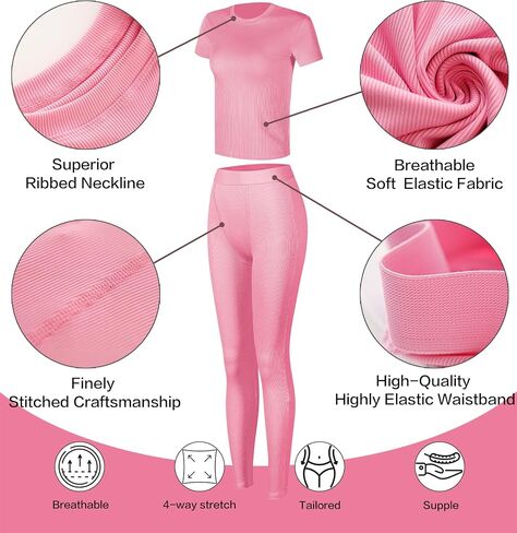 Women Casual Workout Sets 3 Pieces Lounge Wear Yoga Outfits Short Sleeve Ribbed Top Elastic High Waist Leggings in Saudi Arabia