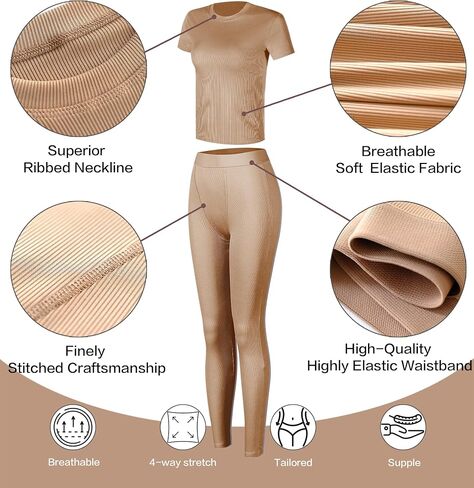 Women Casual Workout Sets 3 Pieces Lounge Wear Yoga Outfits Short Sleeve Ribbed Top Elastic High Waist Leggings in Saudi Arabia