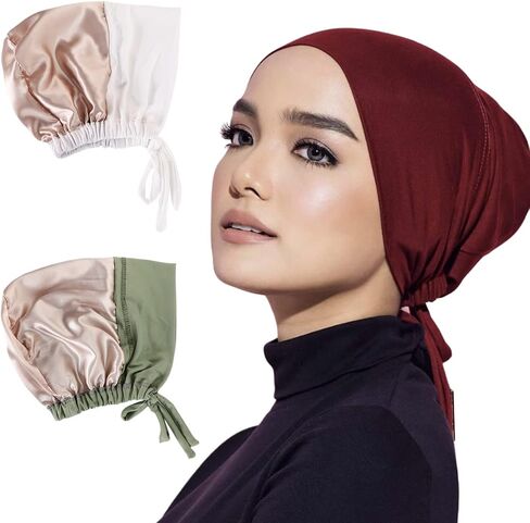 2 Pieces Muslim Satin Lining Jersey Inner Hijab Cap for Women Underscarf with Tie Bonnet Turban Hat Headband in Saudi Arabia
