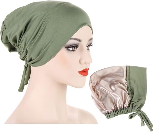 2 Pieces Muslim Satin Lining Jersey Inner Hijab Cap for Women Underscarf with Tie Bonnet Turban Hat Headband in Saudi Arabia