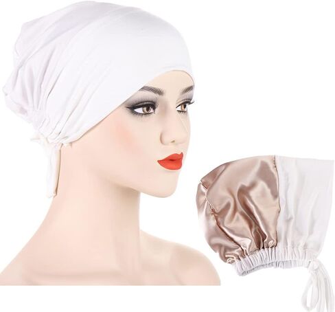 2 Pieces Muslim Satin Lining Jersey Inner Hijab Cap for Women Underscarf with Tie Bonnet Turban Hat Headband in Saudi Arabia
