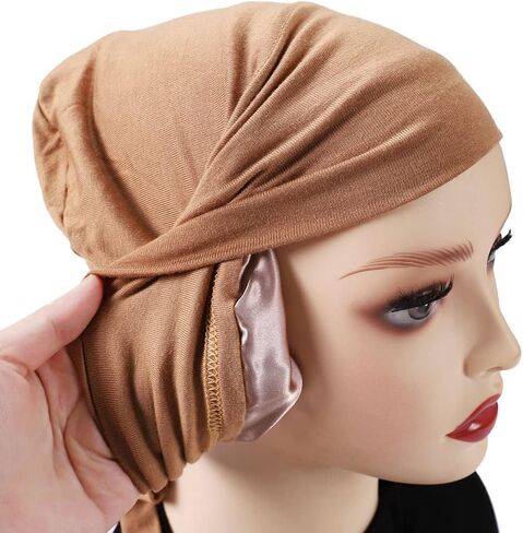 2 Pieces Muslim Satin Lining Jersey Inner Hijab Cap for Women Underscarf with Tie Bonnet Turban Hat Headband in Saudi Arabia