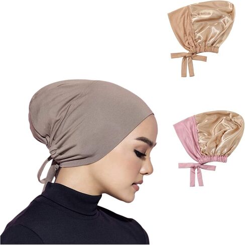 2 Pieces Muslim Satin Lining Jersey Inner Hijab Cap for Women Underscarf with Tie Bonnet Turban Hat Headband in Saudi Arabia