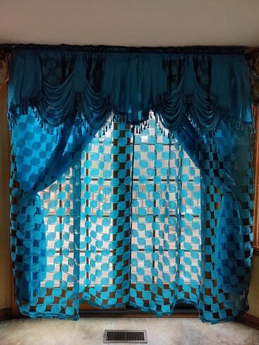 GOHD Circle Cycle. Clipped Voile. Voile Jacquard Window Curtain Drape with Attached Fancy Valance and Taffeta Backing. 2pcs Set. Each pc 54 inch Wide x 84 inch Drop + 18 inch Valance. (Coffee) in Saudi Arabia