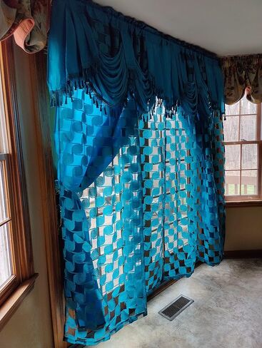 GOHD Circle Cycle. Clipped Voile. Voile Jacquard Window Curtain Drape with Attached Fancy Valance and Taffeta Backing. 2pcs Set. Each pc 54 inch Wide x 84 inch Drop + 18 inch Valance. (Coffee) in Saudi Arabia