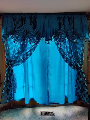 GOHD Circle Cycle. Clipped Voile. Voile Jacquard Window Curtain Drape with Attached Fancy Valance and Taffeta Backing. 2pcs Set. Each pc 54 inch Wide x 84 inch Drop + 18 inch Valance. (Coffee) in Saudi Arabia