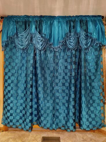 GOHD Circle Cycle. Clipped Voile. Voile Jacquard Window Curtain Drape with Attached Fancy Valance and Taffeta Backing. 2pcs Set. Each pc 54 inch Wide x 84 inch Drop + 18 inch Valance. (Coffee) in Saudi Arabia