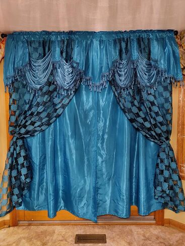 GOHD Circle Cycle. Clipped Voile. Voile Jacquard Window Curtain Drape with Attached Fancy Valance and Taffeta Backing. 2pcs Set. Each pc 54 inch Wide x 84 inch Drop + 18 inch Valance. (Coffee) in Saudi Arabia