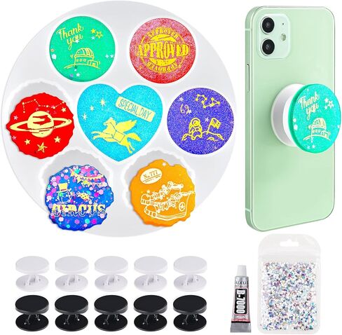 مجموعة صب راتنجات الإيبوكسي بمقبض الهاتف من NiArt - 7 أشكال من قوالب السيليكون، 10 قواعد حامل قابلة للتوسيع، غراء، وترتر على شكل نجمة - حامل يدوي مصنوع يدويًا، سلسلة مفاتيح، مجوهرات، مستلزمات صنع القلادة in Kuwait