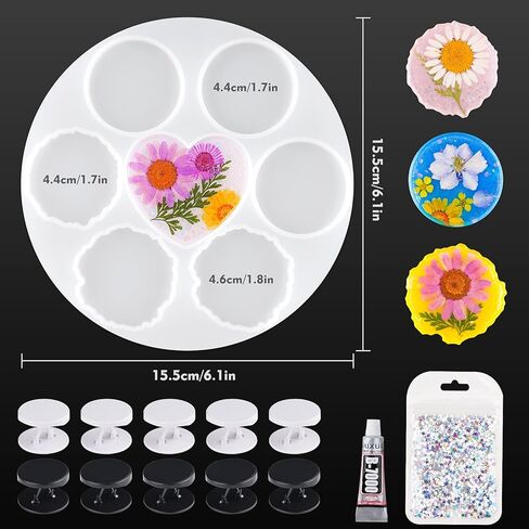مجموعة صب راتنجات الإيبوكسي بمقبض الهاتف من NiArt - 7 أشكال من قوالب السيليكون، 10 قواعد حامل قابلة للتوسيع، غراء، وترتر على شكل نجمة - حامل يدوي مصنوع يدويًا، سلسلة مفاتيح، مجوهرات، مستلزمات صنع القلادة in Kuwait