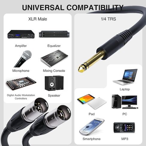 Mukjipa 1/4 بوصة إلى ثنائي XLR ذكر 6.35 مم إلى 2 كابل توصيل XLR 6.35 مم (1/4 بوصة) TRS ذكر قابس إلى 2 مزدوج XLR ذكر ميكروفون ستيريو محول صوت محول Y كابل سبليت (أسود، 3FT) in Kuwait
