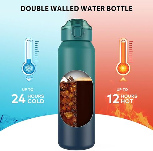 32oz Water Bottle with Removable Straw and Spout Lid Two Ways to Drink, 18/10 Stainless Steel Insulated Water Bottle, BPA-Free, Leak Proof, Double wall, for Sports, Gym in Saudi Arabia