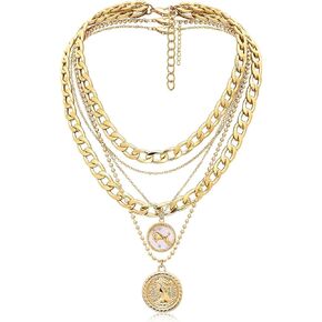 Gold Layered Necklaces for Women Chunky Pendant Necklace Trendy Retro Coin Choker Necklace Gold Link Chain for Girls Jewelry Birthday Gifts