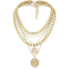 Gold Layered Necklaces for Women Chunky Pendant Necklace Trendy Retro Coin Choker Necklace Gold Link Chain for Girls Jewelry Birthday Gifts