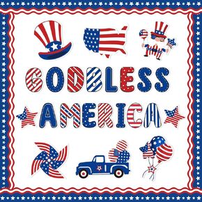 Whaline 95Pcs Patriotic Classroom Bulletin Board Decoration Kit God Bless America Bulletin Board Set Cartoon 4th of July Cutouts with Glue Points for Independence Day School Office Home Decor