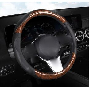 D-CC Sporty Woodgrain Steering Wheel Cover Leather Four Seasons Universal 15 Inch Soft Padded Breathable Anti-Slip Massage Grip (Coffee)